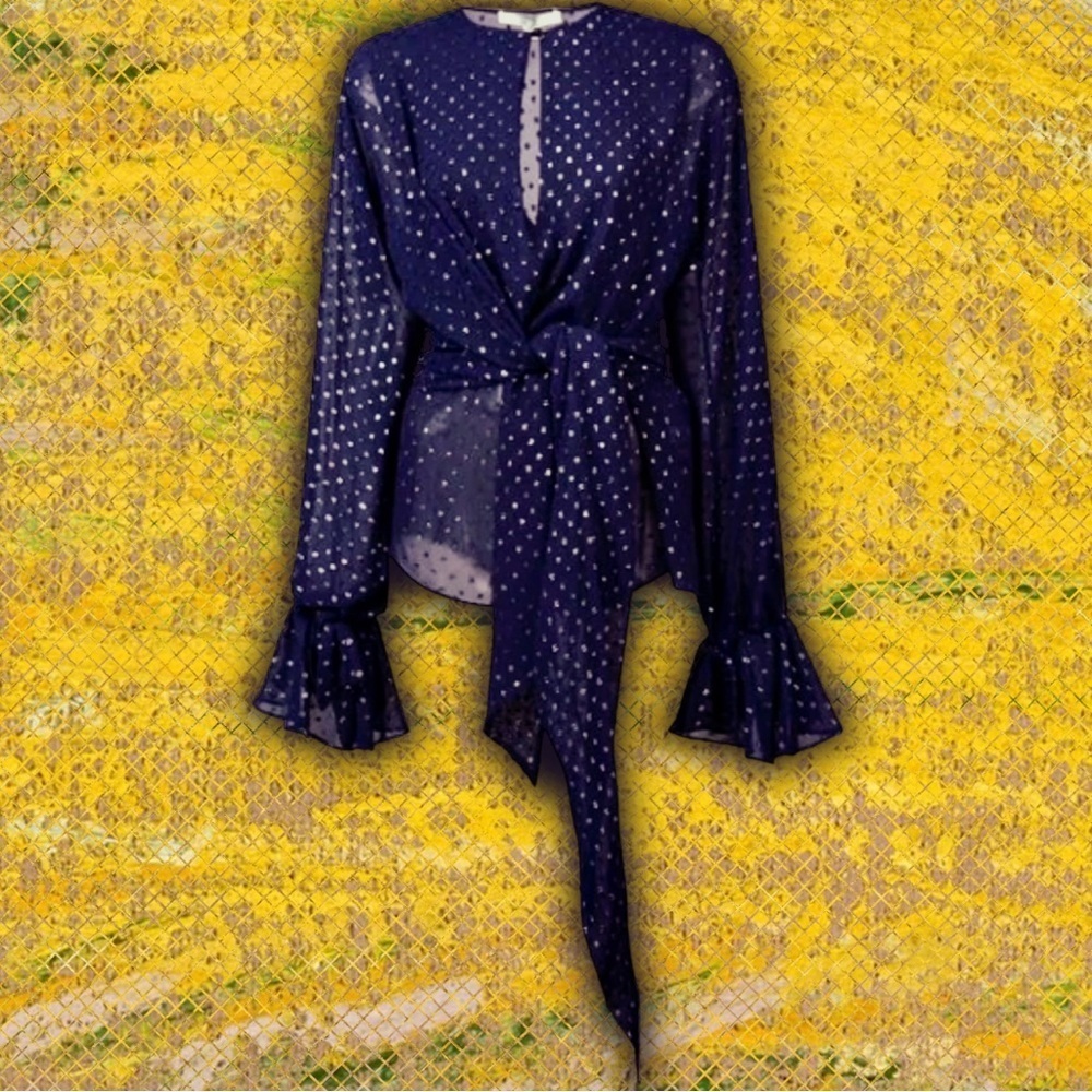 Jonathan Simkhai Metallic Wrap Blouse in Midnight Blue Size XS ASO Sunny Hostin